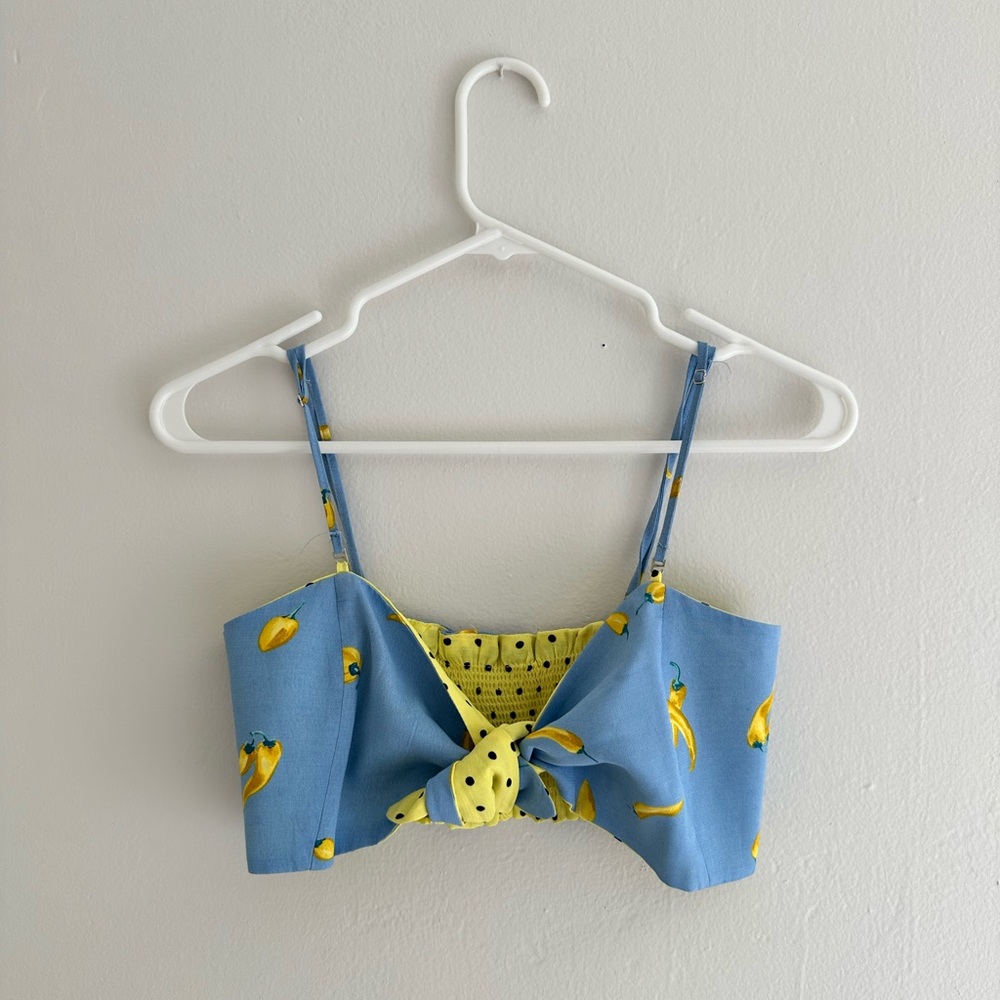Zara Yellow Peppers and Blue Tie-Up Crop Top - Size Small